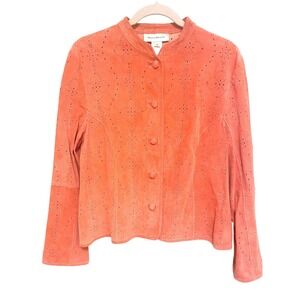 Susan Bristol Suede Laser Cut Button Front Jacket Coral Size 16